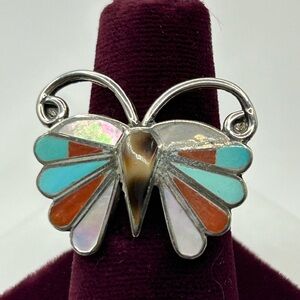 Sterling Silver Turquoise & Coral Chip Butterfly Ring Size 6.75
